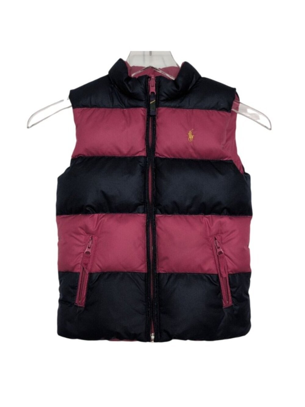 Ralph Lauren Stripe Down Puffer Vest Girls Size 6X Pink Blue Crest Reversible